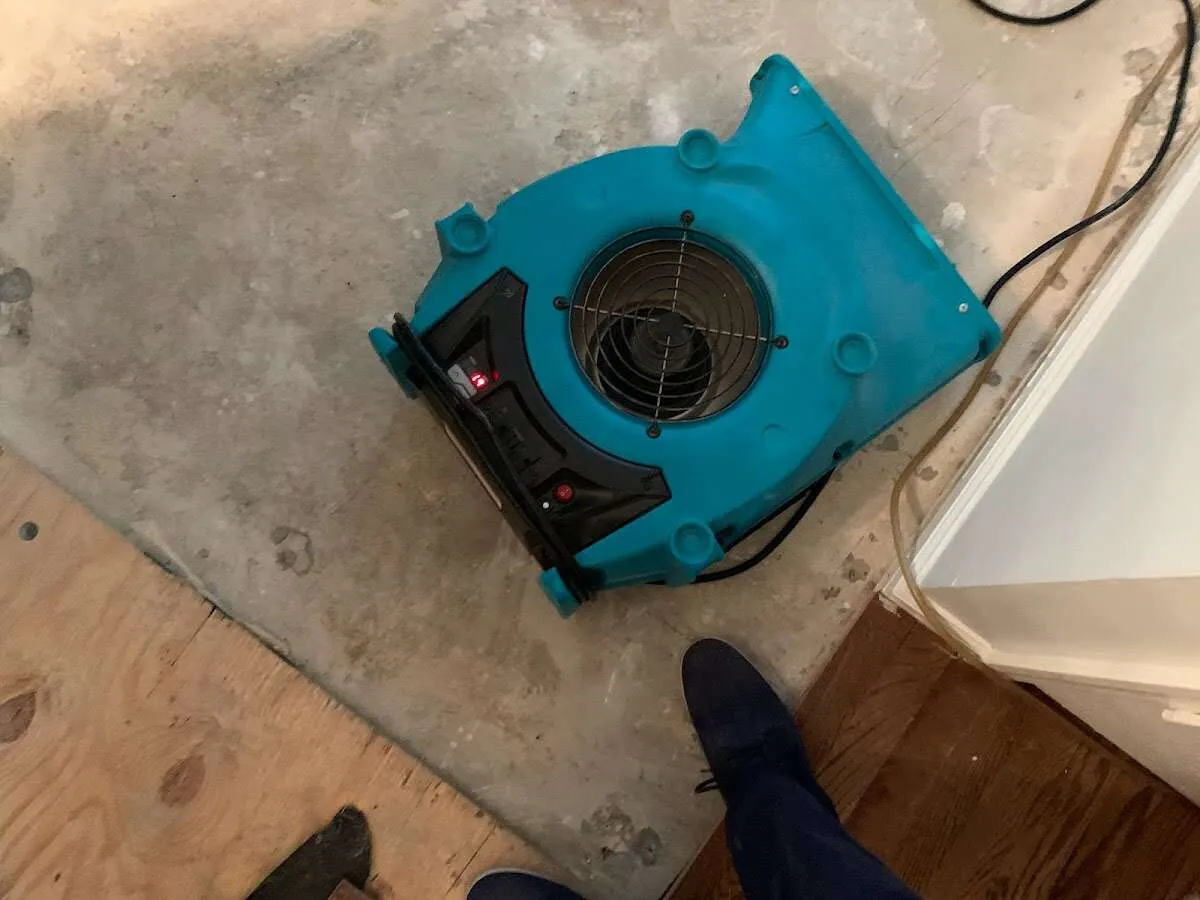 Air mover drying subfloor during Commercial Water Damage Restoration in Secaucus